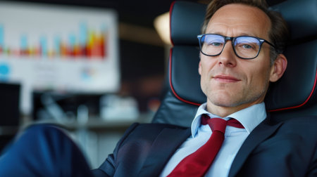 A confident businessman sits relaxed in a high-backed office chair, donning glasses and a sharp suit. Behind him, data trends are displayed on a screen, symbolizing modern corporate success.の素材