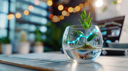 A fresh green plant is growing in a glass bowl filled with water, symbolizing growth and potential, set against a blurred business background with light bokeh.の素材