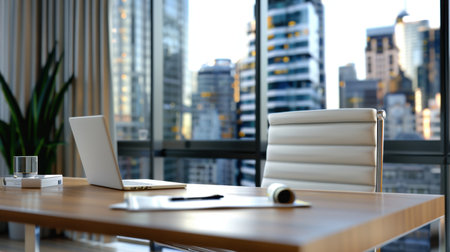 A modern office workspace features a laptop and a pristine empty chair beside a large window, presenting a vibrant cityscape bathed in sunlight.の素材