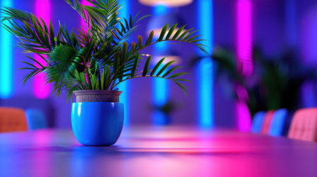 A vibrant indoor plant sits in a blue pot on a stylish table, illuminated by colorful neon lights, creating a modern and inviting ambiance perfect for relaxation.の素材