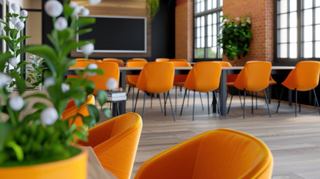 Bright and modern meeting room featuring orange chairs, potted plants, and large windows. A perfect space for collaboration, creativity, and inspiration.の素材