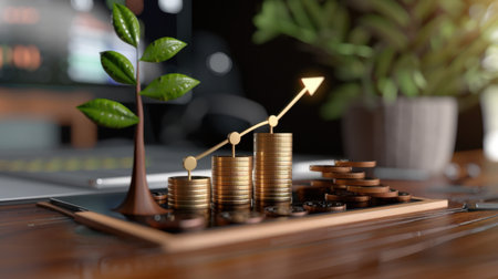 A symbolic representation of financial growth showcasing stacked coins, a flourishing plant, and upward trends. Ideal for finance and business themes.の素材