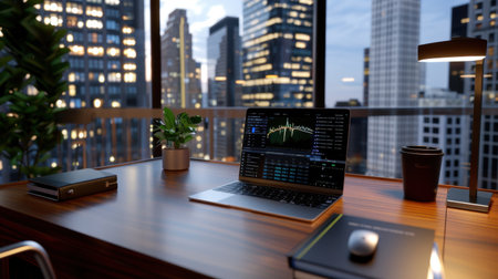 A modern workspace featuring a laptop displaying data analytics, complemented by a plant, set against a twilight city skyline, evoking productivity.の素材