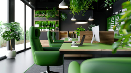 A stylish modern office featuring green plant decorations and sleek furniture, designed to enhance productivity and provide a refreshing workspace atmosphere.の素材
