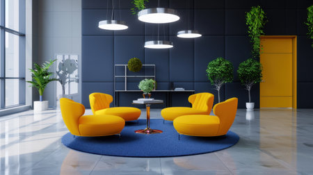 A stylish modern lounge area featuring bright yellow chairs arranged around a circular blue rug, accentuated by contemporary lighting and greenery.の素材