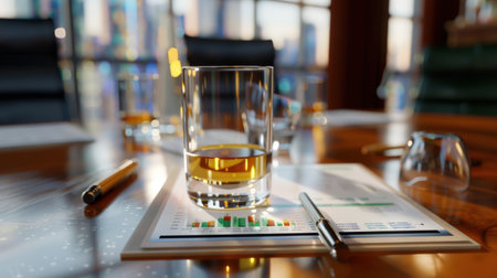 A glass of whiskey rests on a polished meeting table adorned with business reports and pens, set against a stunning city skyline at sunset.の素材