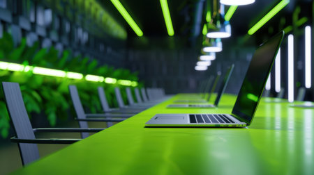 Modern office workspace featuring sleek laptops and vibrant green neon lighting. Ideal for showcasing innovation, productivity, and minimalist design.の素材