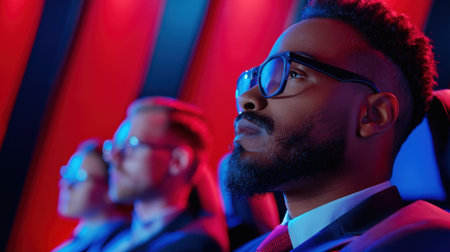 A focused audience enjoying a thrilling movie in modern theater with dramatic lighting and a captivating environment, showcasing their emotions and engagement.の素材