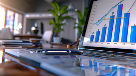 A detailed view of a laptop showcasing colorful graphs and charts in a modern office environment, illuminated by natural light and greenery.の素材