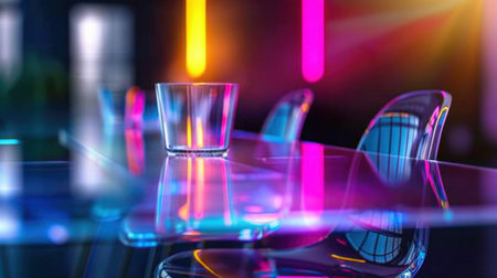 A clear glass tumbler rests on a glossy table reflecting colorful ambient lights and modern chairs, creating a vibrant and inviting atmosphere suitable for contemporary spaces.の素材