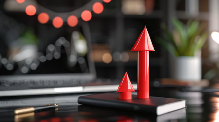 Abstract representation of business growth featuring red arrow shapes on a desk, symbolizing success, strategy, and financial progress in a modern workspace.の素材