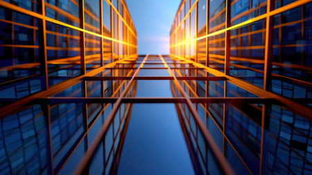 A striking perspective of a glass skyscraper reaching toward the sky, capturing warm sunset light reflecting off sleek surfaces and modern architecture.の素材