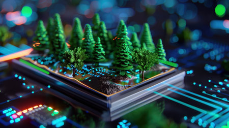 This image presents a captivating blend of nature and technology, featuring a miniature forest on a circuit board. Vivid colors and intricate details showcase the harmony between digital landscapes and ecological themes, symbolizing innovation and growth.の素材