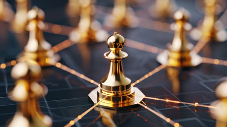 This image features a golden pawn piece placed on a digital chessboard, symbolizing strategy and connectivity in modern gaming environments. The intricate backdrop highlights the tactical nature of chess, representing competition and intelligent decision-making.の素材