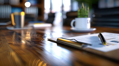 A serene workspace featuring a polished wooden desk, a steaming coffee cup, and a clipboard with a document, all exuding a modern and inviting atmosphere.の素材