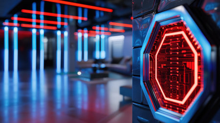 A captivating view of a futuristic interior showcasing sleek LED lights and a high-tech panel, creating a vibrant atmosphere suitable for modern spaces.の素材