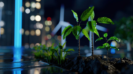 This image showcases vibrant green plants sprouting from moist soil under a city skyline lit at night, symbolizing urban sustainability and future growth.の素材