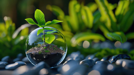 A delicate green plant grows inside a transparent glass sphere resting on smooth pebbles, with verdant leaves softly blurred in the background, symbolizing nature's beauty.の素材