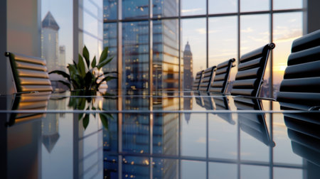 A sleek conference room featuring a glass table with reflections, modern chairs, and a panoramic city skyline view during sunset. Ideal for business themes.の素材