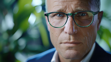 A close-up portrait of a serious adult man with glasses, exuding confidence and sophistication, surrounded by lush greenery in a modern workspace.の素材