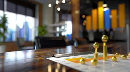 A visually engaging scene in a modern office showcasing a financial growth chart and vibrant elements. Perfect for illustrating business success and professional analysis.の素材