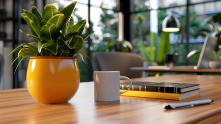 A bright and inviting modern workspace featuring a vibrant green plant in a yellow pot, a coffee mug, notebooks, and a pen on a wooden desk.の素材