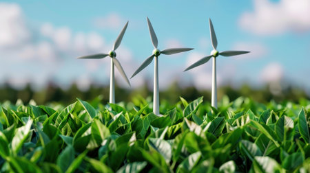 This image shows a vibrant green field with wind turbines in the background, symbolizing renewable energy and sustainability in an idyllic natural setting.の素材