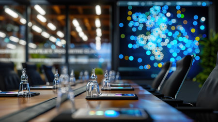 A sleek modern conference room featuring elegant glass water bottles on a polished table, complemented by a vibrant digital display showcasing abstract data visuals.の素材