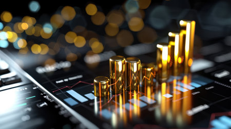 This striking image captures golden bars symbolizing growth on a sleek black background, enhanced by a vibrant light effect. Ideal for finance projects.の素材