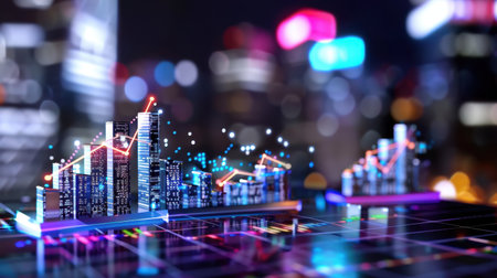 A vivid financial data visualization featuring rising graphs illuminated against a blurred city lights background, representing growth and analysis in modern finance.の素材