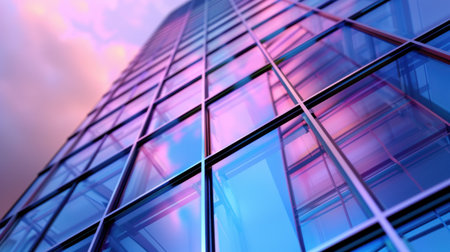 This stunning image captures a modern glass skyscraper reflecting vibrant colors of a sunset sky, showcasing architectural beauty and urban elegance.の素材
