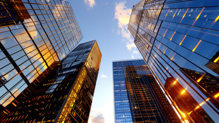 A captivating view of contemporary skyscrapers showcasing reflective glass facades, vibrant sunset colors, and dramatic clouds in an urban setting.の素材