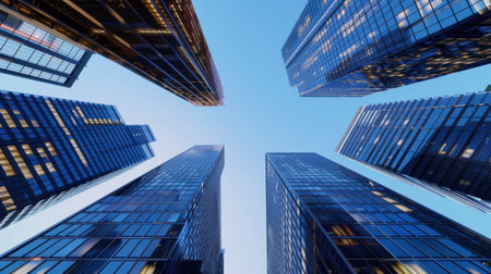 A captivating low angle perspective of sleek skyscrapers reaching towards the sky, showcasing modern architecture against a serene blue backdrop.の素材