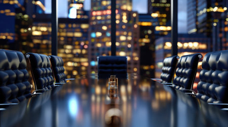 This image showcases an elegant conference room featuring modern chairs and a stunning cityscape view illuminated at night, ideal for business meetings.の素材