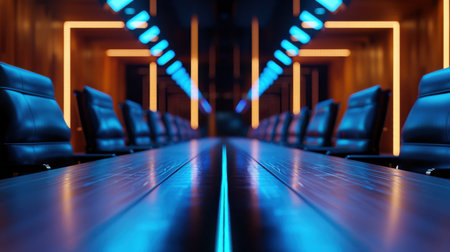 This captivating image showcases a modern conference room designed to inspire creativity and collaboration, featuring sleek chairs and vibrant lighting.の素材