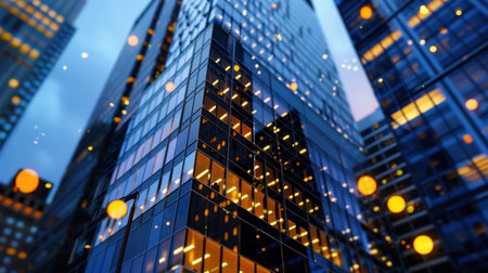 A stunning view of modern skyscrapers reflecting lights at dusk. The vibrant atmosphere captures the essence of urban life and architecture, showcasing intricate details.の素材