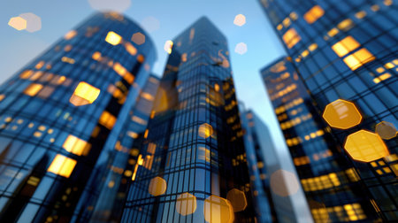 A captivating view of modern skyscrapers against a twilight sky. The glowing windows and soft bokeh lights create an enchanting urban landscape.の素材