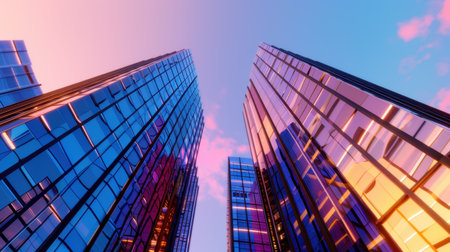 A stunning view of modern skyscrapers captured from below, showcasing reflective glass surfaces that mirror a colorful sunset sky filled with hues of pink and blue.の素材