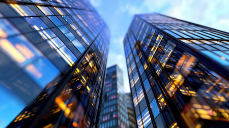 A striking view of modern skyscrapers reaching towards a bright blue sky, showcasing shimmering reflections and city lights on large glass windows.の素材