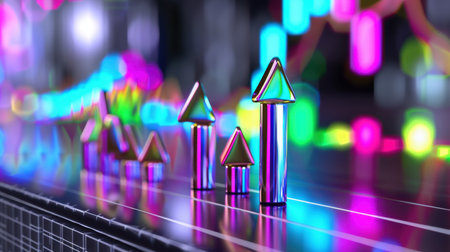 A vibrant digital illustration of colorful 3D arrows representing growth in a business graph. The image showcases a futuristic atmosphere, emphasizing progress.の素材
