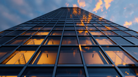 A stunning perspective of a modern skyscraper showing its sleek glass facade reflecting the vibrant colors of the sunset. The image captures the architectural beauty and urban sophistication.の素材