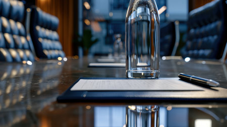 A meticulously arranged conference room featuring a glass water bottle and notepad on a polished table, creating a serene and professional atmosphere for meetings.の素材
