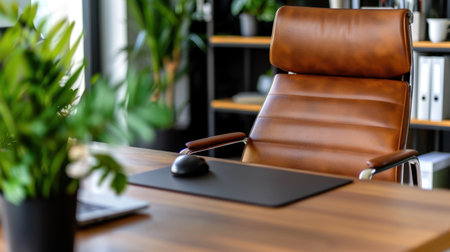 A stylish office space featuring a brown leather chair complemented by green plants, creating a serene and productive work environment ideal for inspiration.の素材