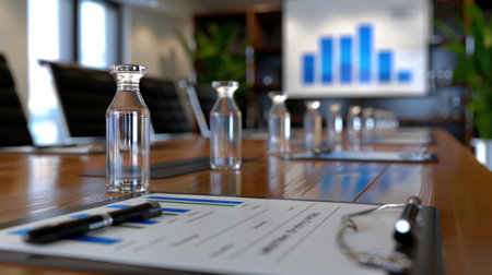 This image showcases a modern conference room designed for executive meetings, featuring financial charts, glass water bottles, and a sophisticated layout perfect for collaboration.の素材
