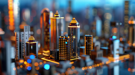 A breathtaking night view of a modern city skyline showcasing illuminated skyscrapers with vibrant lights and a lively urban atmosphere.の素材