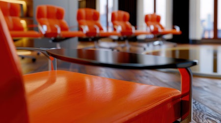 A modern conference room showcases vibrant orange chairs arranged in a stylish setting, highlighting sleek wooden flooring and a professional ambiance.の素材