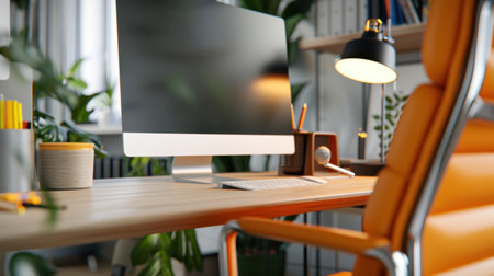 This image features a modern office workspace showcasing a computer on a sleek desk paired with an ergonomic chair and vibrant greenery, creating a professional and inviting atmosphere.の素材