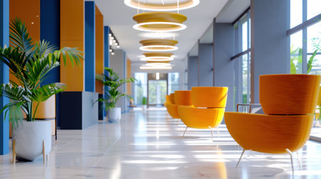 A contemporary hallway featuring vibrant yellow chairs, large windows that illuminate the space with natural light, and stylish greenery, creating a welcoming environment.の素材