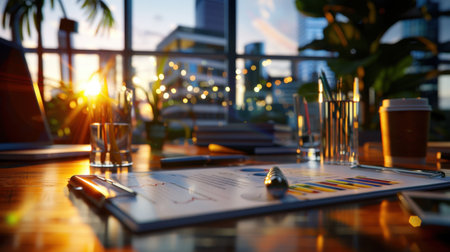 A serene business workspace captures the beauty of a sunset with reflections on glass surfaces, pens, documents, and coffee cup, encouraging productivity.の素材