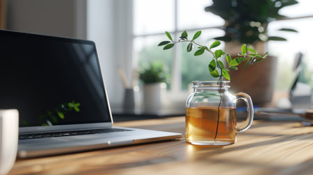 A serene modern workspace featuring a laptop next to a jar with a plant, coffee cup, and plenty of sunlight invites creativity and productivity.の素材